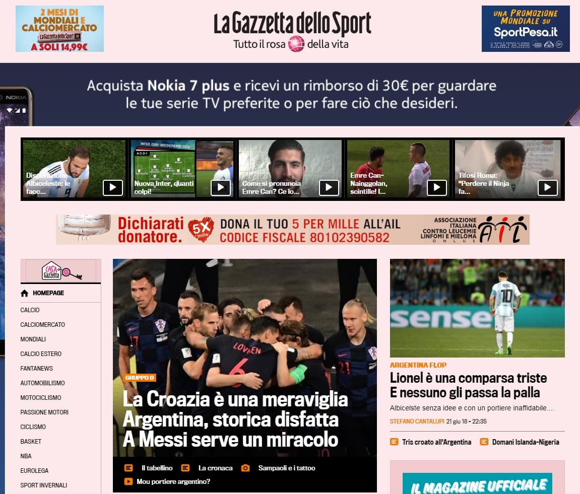 La Gazzetta dello Sport (Italia) tituló "Croacia es una maravilla; Derrota histórica de Argentina, Messi necesita un milagro"