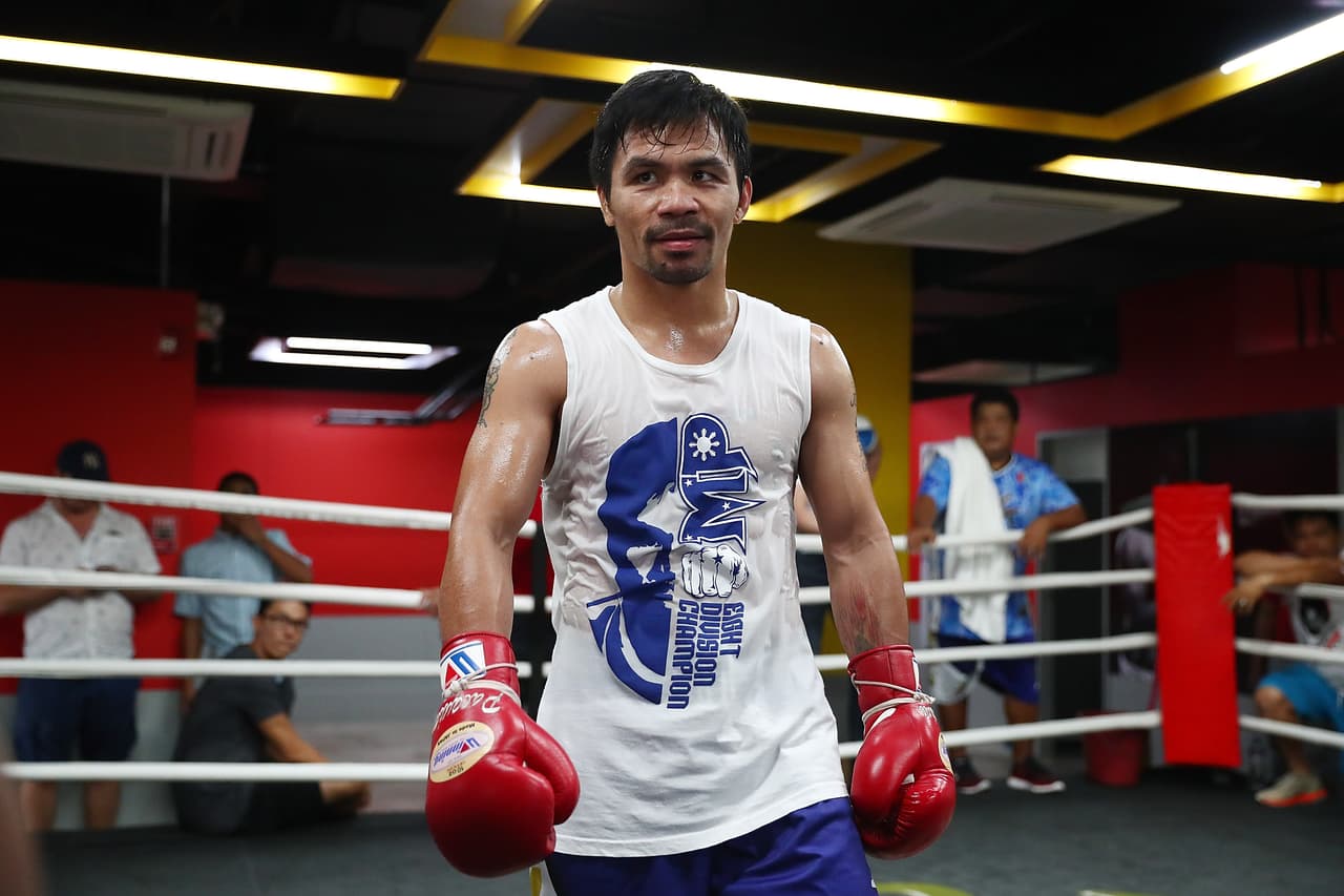 MANILA, PHILIPPINES - MAY 19: Manny Pacquiao looks on during a training session at Elorde boxing Gym on May 19, 2017 in Manila, Philippines. (Photo by Chris Hyde/Getty Images)