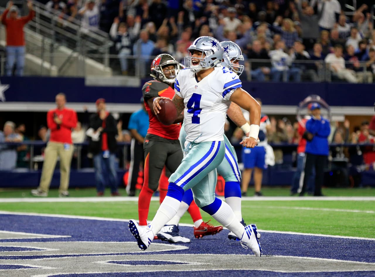 Dallas Cowboys' Dak Prescott (4) scores a touchdown on a run against the Tampa Bay Buccaneers in the first half of an NFL football game, Sunday, Dec. 18, 2016, in Arlington, Texas. (AP Photo/Ron Jenkins)