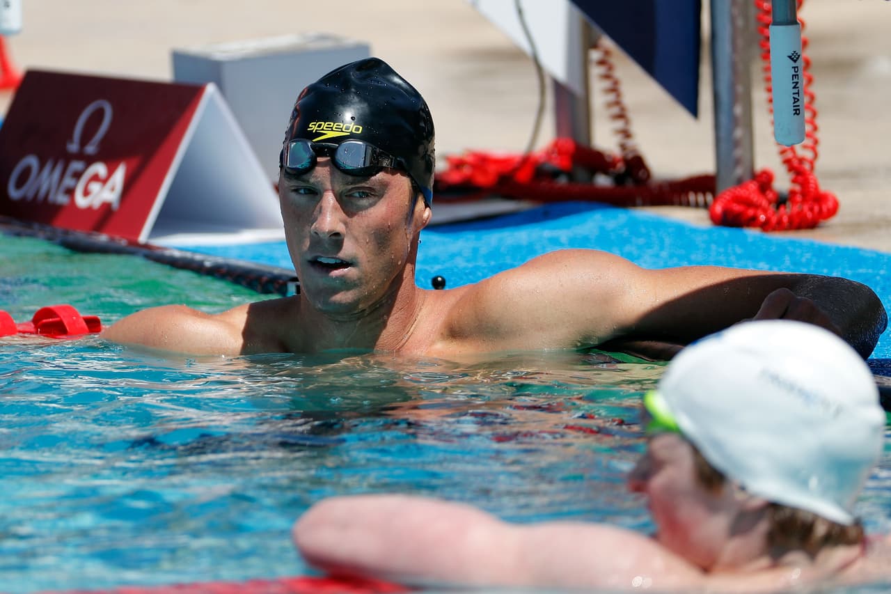 MESA, AZ - APRIL 12: Conor Dwyer reacts after competing in the preliminary round of the 200 meter freestyle on day one of the TYR Pro Swim Series at Mesa at Skyline Aquatics Center on April 12, 2018 in Mesa, Arizona. (Photo by Chris Coduto/Getty Images)