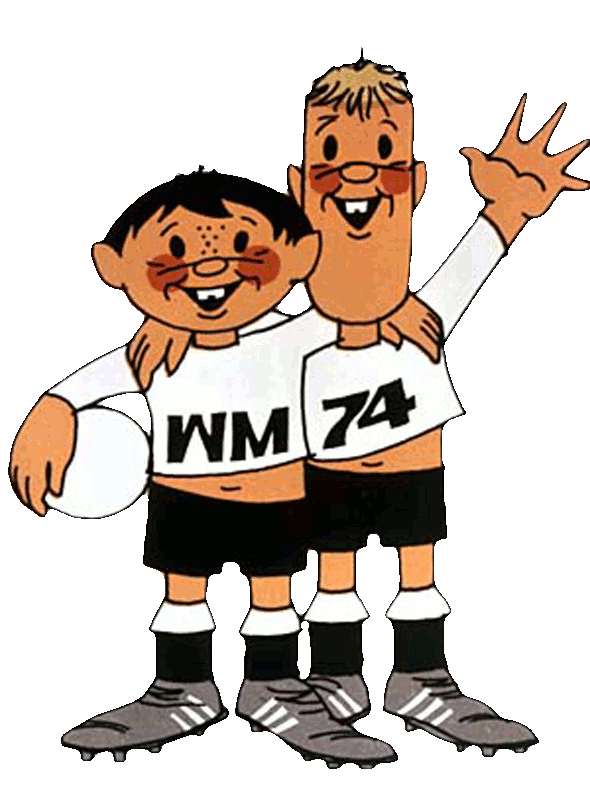 <b>Alemania 1974 - </b>Tip y Tap, dos niños alemanes amantes del fútbol. Las iniciales WM hacen referencia a la palabra 'Weltmeisterschaft', que traduce Copa Mundial.