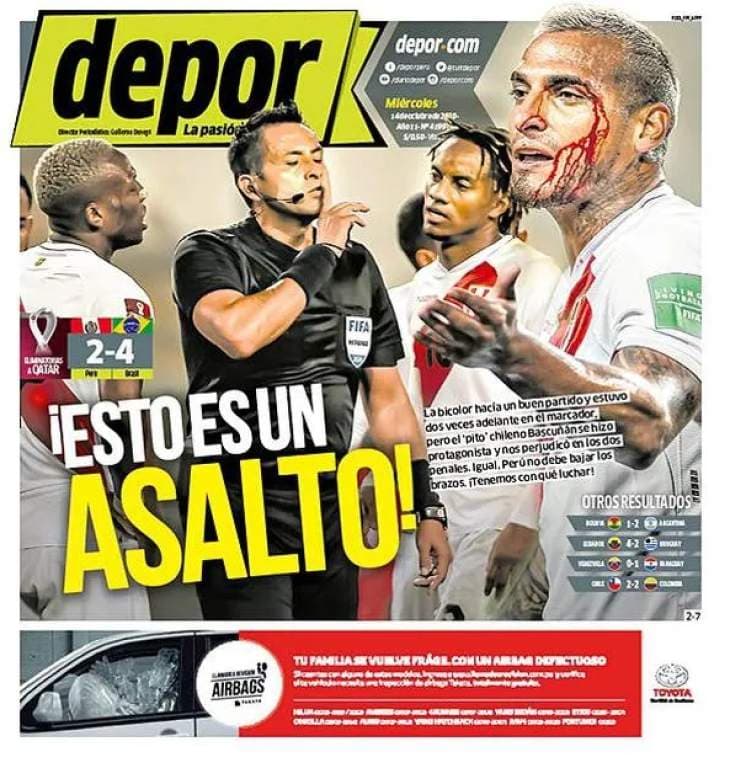 Las reacciones de la prensa peruana tras caer ante Brasil | El polémico trabajo del árbitro chileno Bascuñán ‘encendió’ los titulares referentes a las eliminatorias de la Conmebol.