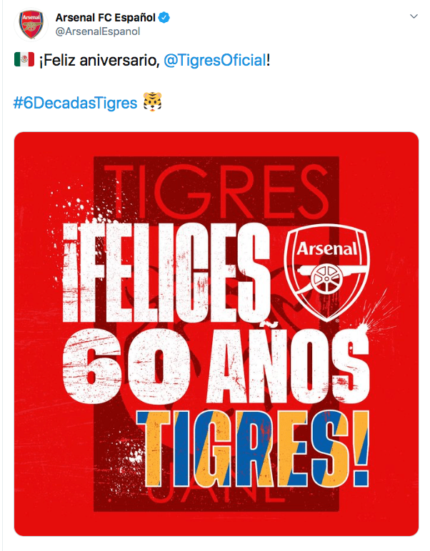 Equipos como Arsenal, Olympique y sus adversarios del futbol mexicano conmemoran y felicitan a los Tigres tras su fundación en 1960.