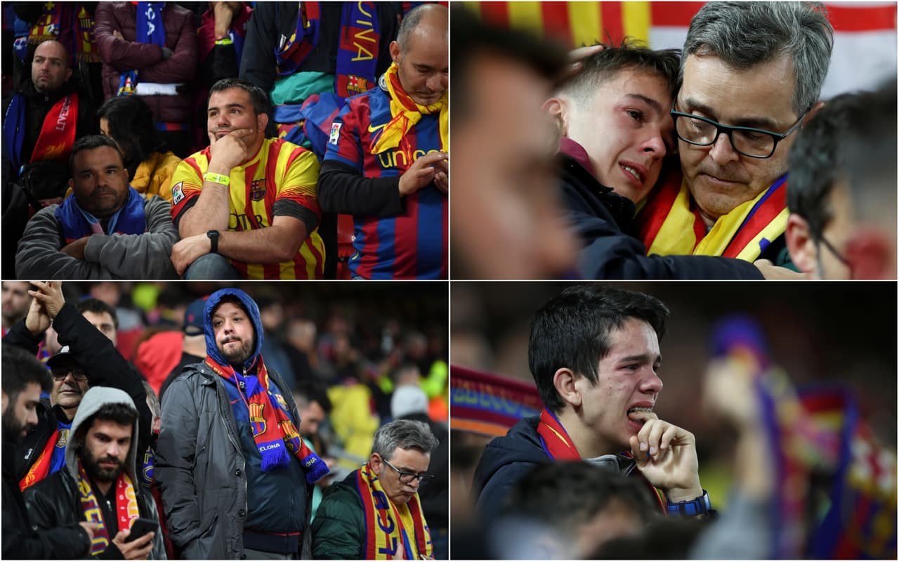 Desazón, tristeza, incredulidad, llanto, y en general una enorme decepción en los rostros de los atribulados aficionados del Barcelona luego de la dolorosa y apabullante eliminación de los catalanes a manos del Liverpool en Anfield por 4-0.