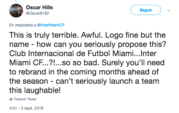 "Esto es realmente terrible. Horrible. El logo está bien, ¿pero el nombre? ¿Cómo pueden proponer algo así? Muy, muy mal. Enserio, necesitan renombrar el equipo en los próximos meses, no pueden lanzar un equipo tan cómico"