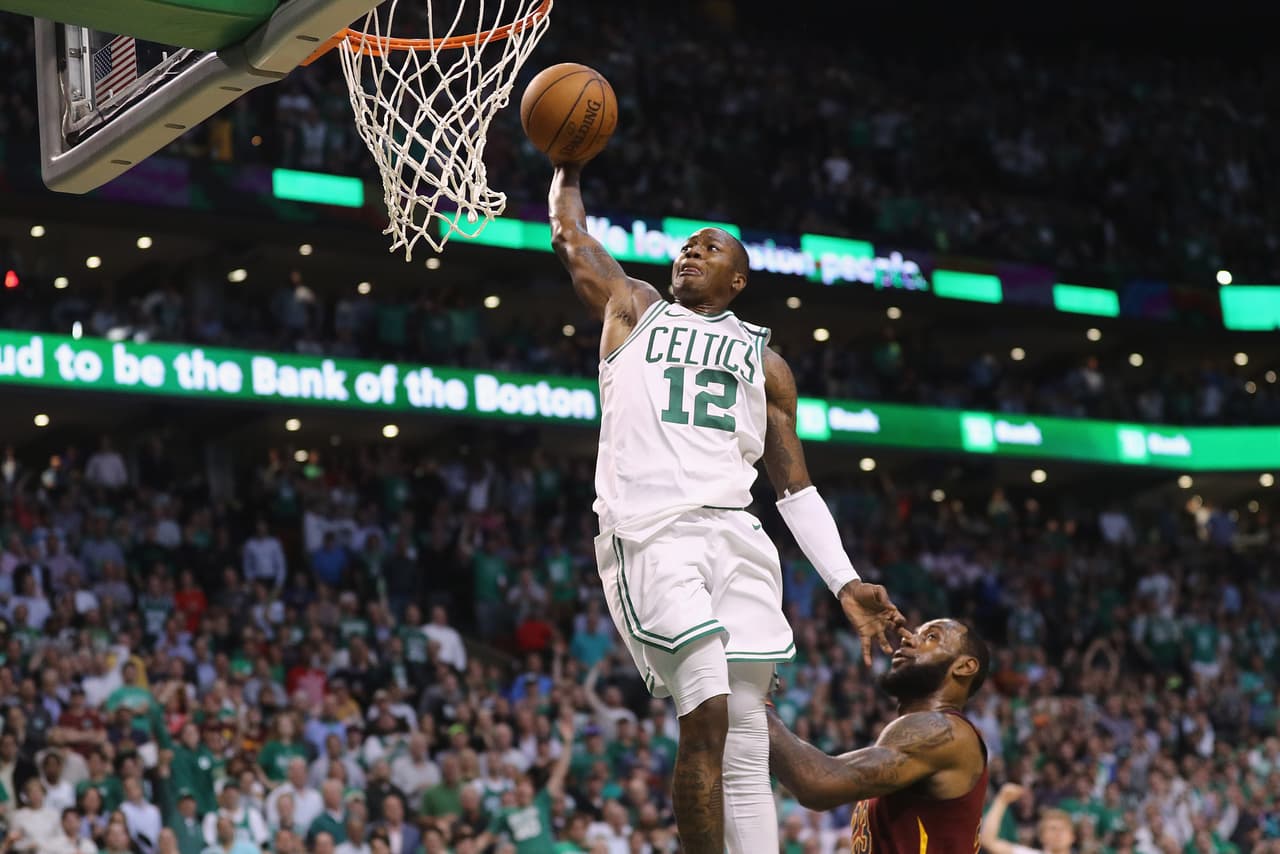 BOSTON, MA - MAY 15: Terry Rozier #12 of the Boston Celtics dunks the ball in the second half against the Cleveland Cavaliers during Game Two of the 2018 NBA Eastern Conference Finals at TD Garden on May 15, 2018 in Boston, Massachusetts. NOTE TO USER: User expressly acknowledges and agrees that, by downloading and or using this photograph, User is consenting to the terms and conditions of the Getty Images License Agreement. (Photo by Maddie Meyer/Getty Images)