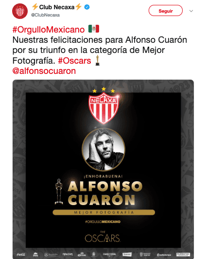 Clubes de la Liga MX, la Selección Mexicana, la Liga Mexicana de Béisbol y hasta el club Roma de Italia enviaron sus felicitaciones al filme Roma y a Alfonso Cuarón por su éxito en los Premios Oscar en 2019.
