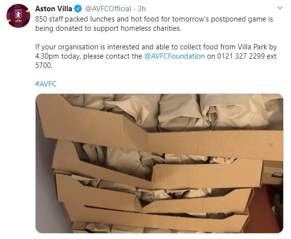 El Aston Villa donará víveres a personas en situación de calle.