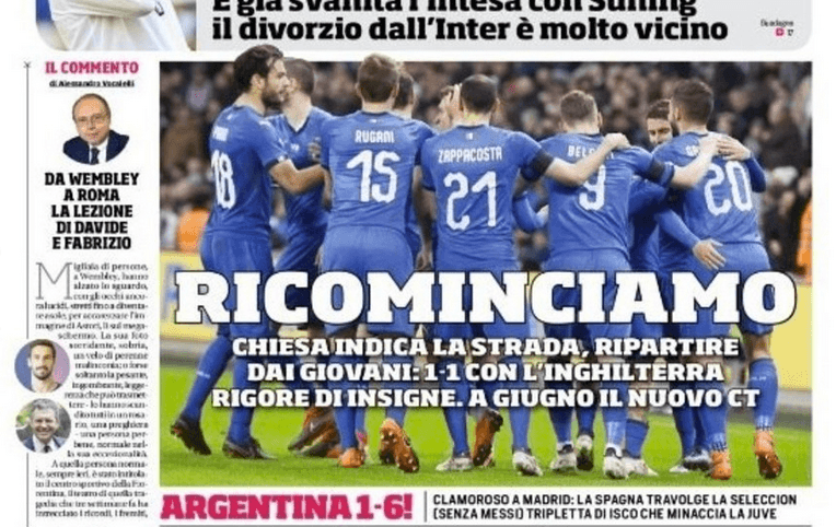 Corriere dello sport, en Italia. Abajo destaca la derrota a manos de España con Isco sobresaliente (impresa).