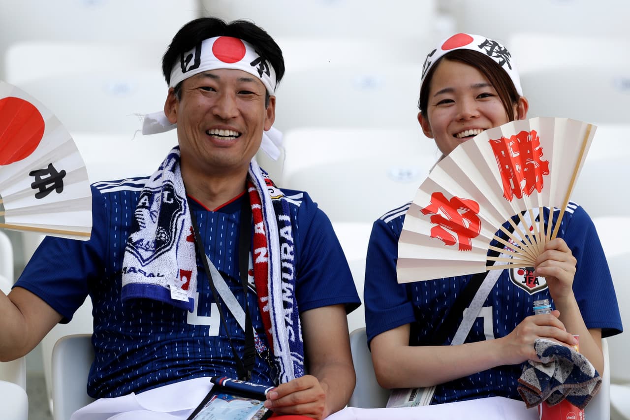 Japanese fans wait of the start of the group H match between Japan and Poland at the 2018 soccer World Cup at the Volgograd Arena in Volgograd, Russia, Thursday, June 28, 2018. (AP Photo/Andrew Medichini)
