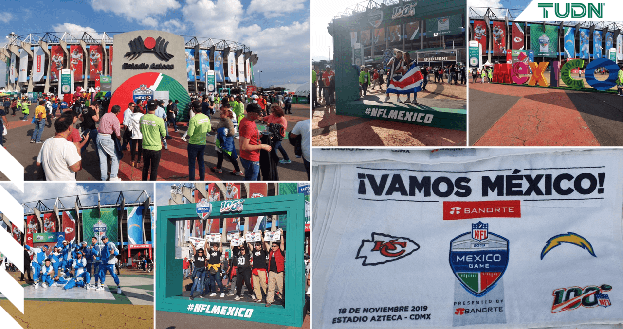 Predominan los colores rojo y azul en las inmediaciones del Estadio Azteca.