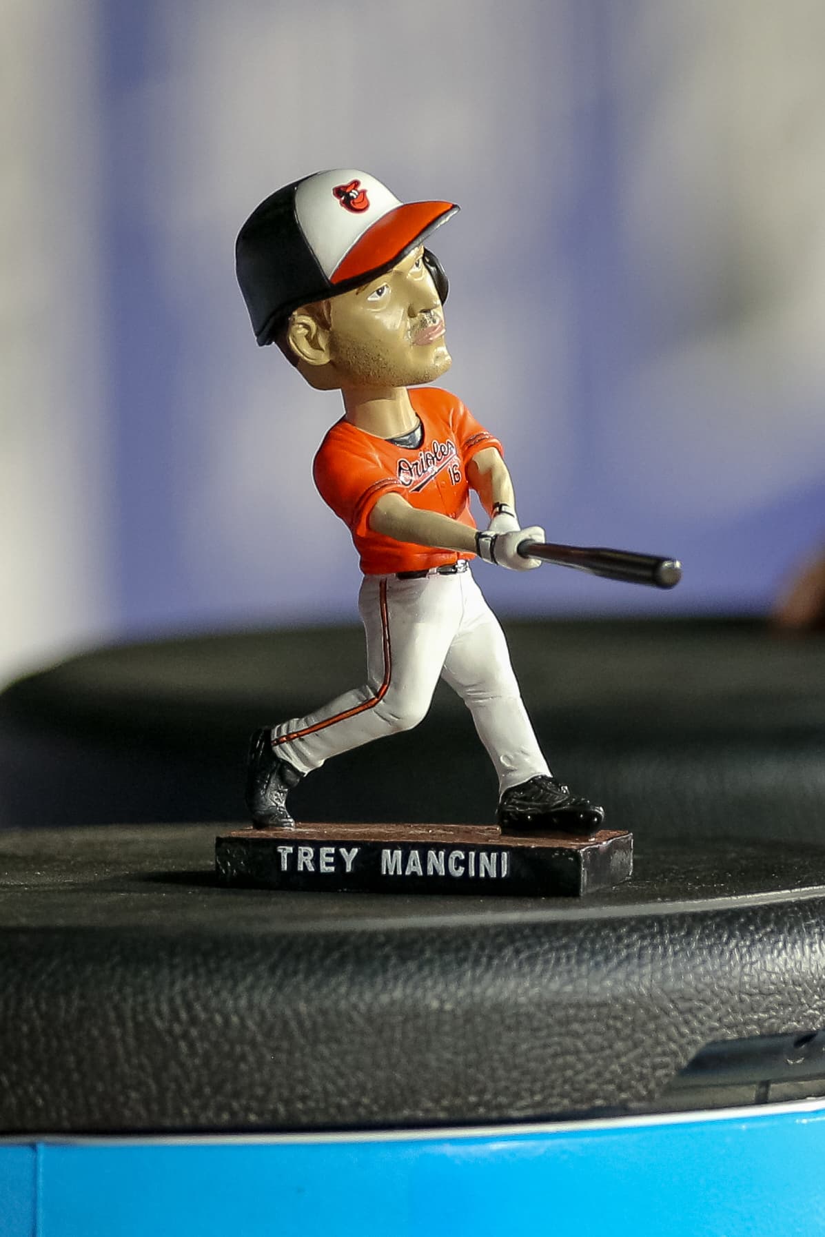 Aug 4, 2018; Arlington, TX, USA; The Baltimore Orioles brought a bobble head of left fielder Trey Mancini (16) to the dugout for tonights game against the Texas Rangers at Globe Life Park in Arlington. Mandatory Credit: Andrew Dieb-USA TODAY Sports