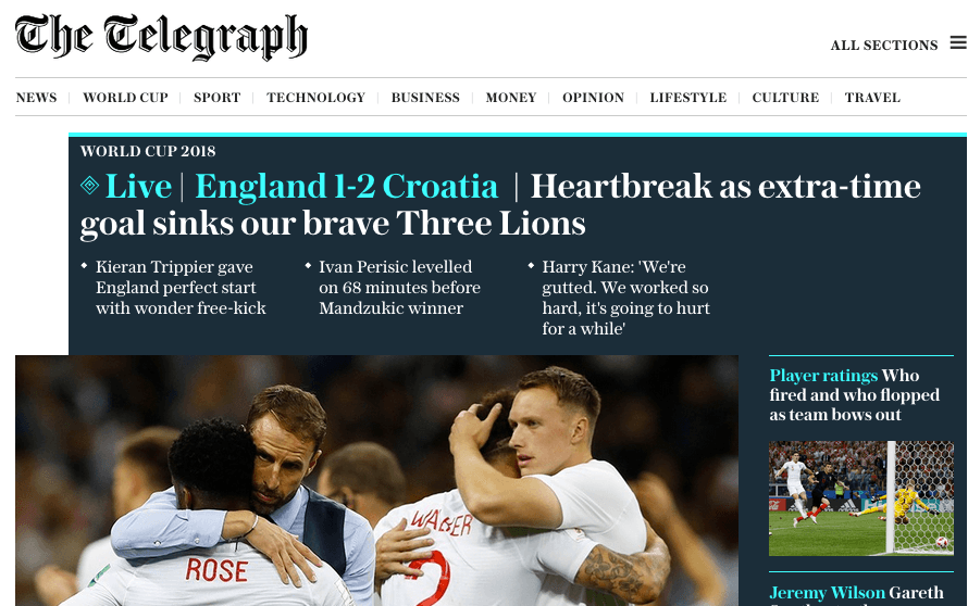 The Telegraph reconoce que la tristeza por un gol en tiempo extra que elimina a sus 'bravos Tres Leones".