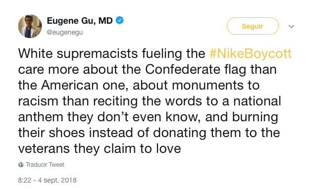 "La supremaica blanca encendiendo el #NikeBoicot se preocupa más por la bandera confederada que la de los Estados Unidos, por monumentos al racismo que por recitar las estrofas del himno nacional que nisiquiera se saben y por quemar sus zapatos en vez de donarlos a los veteranos de guerra que aseguran amar"