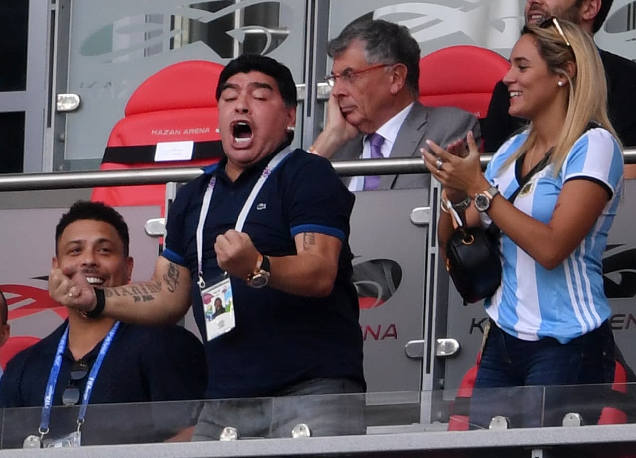 KAZAN, RUSSIA - JUNE 30: Diego Armando Maradona celebrates Argentina's second goal during the 2018 FIFA World Cup Russia Round of 16 match between France and Argentina at Kazan Arena on June 30, 2018 in Kazan, Russia. (Photo by Laurence Griffiths/Getty Images)