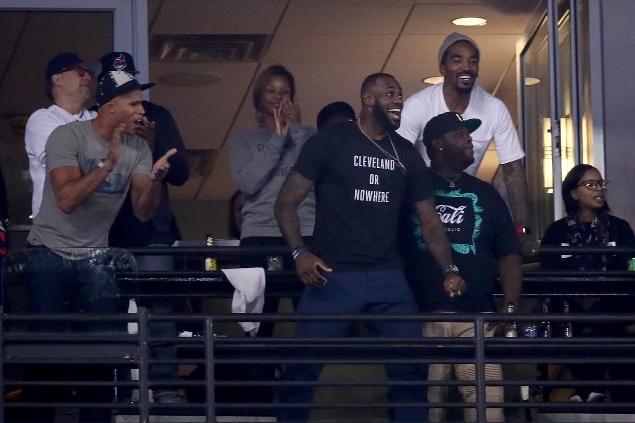 CLEVELAND, OH - NOVEMBER 02: Richard Jefferson and LeBron James of the Cleveland Cavaliers react in the eighth inning in Game Seven of the 2016 World Series at Progressive Field on November 2, 2016 in Cleveland, Ohio. (Photo by Ezra Shaw/Getty Images)