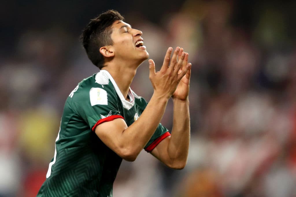 AL AIN, UNITED ARAB EMIRATES - DECEMBER 18: Angel Zaldivar of CD Guadalajara reacts after a missed chance during the FIFA Club World Cup UAE 2018 5th Place Match between ES Tunis and CD Guadalajara at Hazza Bin Zayed Stadium on December 18, 2018 in Al Ain, United Arab Emirates. (Photo by Francois Nel/Getty Images)