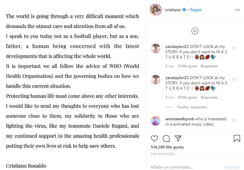 Cristiano Ronaldo se solidariza con aquellos que están luchando contra el virus.