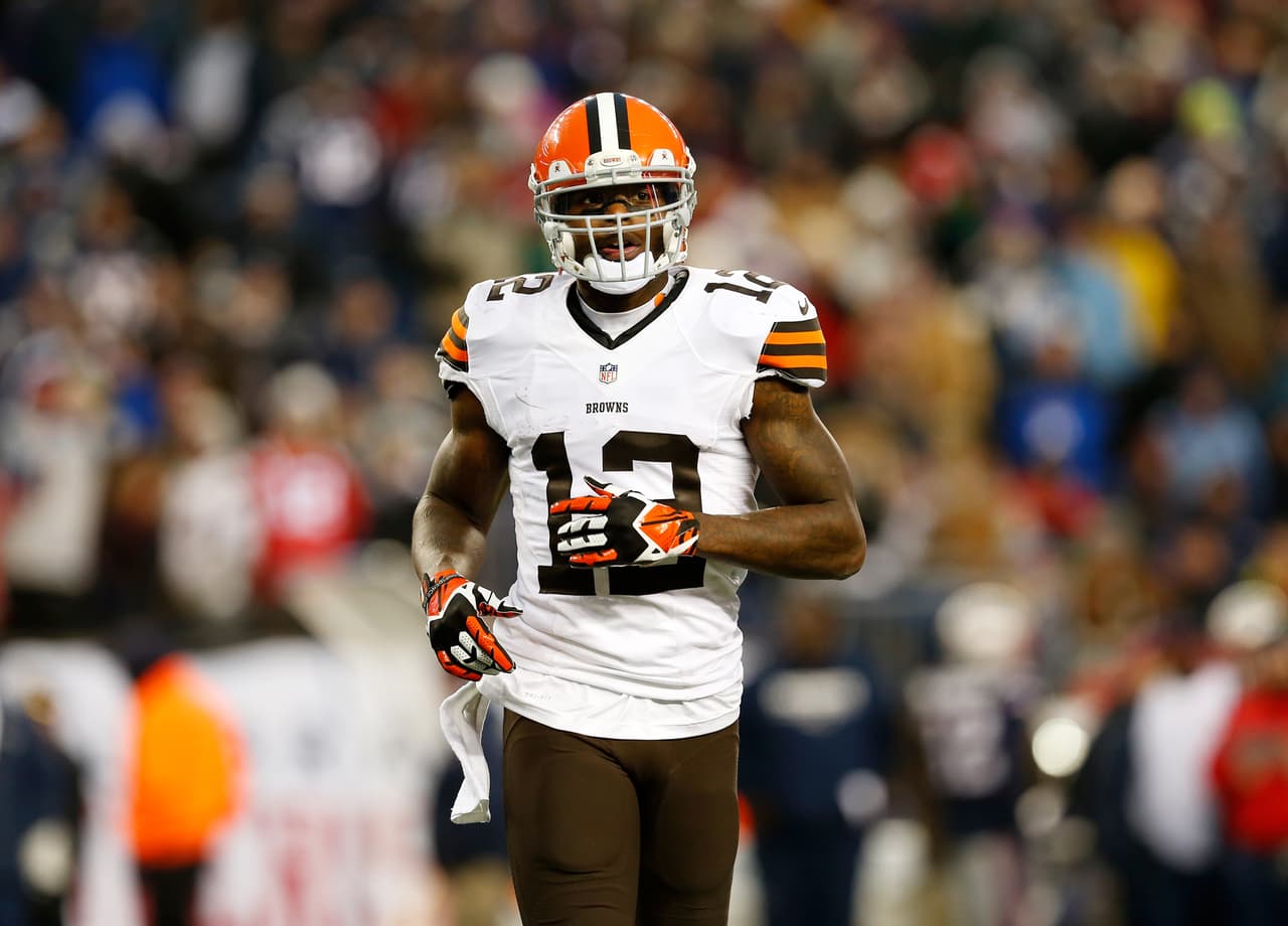 Cleveland Browns wide receiver Josh Gordon (12) celebrates during an NFL football game between the Cleveland Browns against the New England Patriots at Gillette Stadium on Sunday December 8, 2013 in Foxborough, Massachusetts. New England won 27-26. (AP Photo/Aaron M. Sprecher)