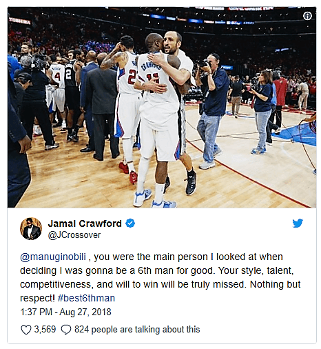 El veterano de los Minnesota Timberwolves Jamal Crawford le agradece a Manu que inspirado en él aceptó se suplente. Le admira el estilo, talento y competitividad. "No tengo nada más que respeto".