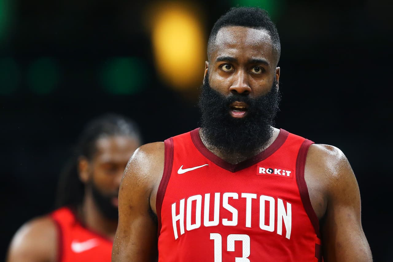 BOSTON, MA - MARCH 03: James Harden #13 of the Houston Rockets looks on during a game against the Boston Celtics at TD Garden on March 3, 2019 in Boston, Massachusetts. NOTE TO USER: User expressly acknowledges and agrees that, by downloading and or using this photograph, User is consenting to the terms and conditions of the Getty Images License Agreement. (Photo by Adam Glanzman/Getty Images)