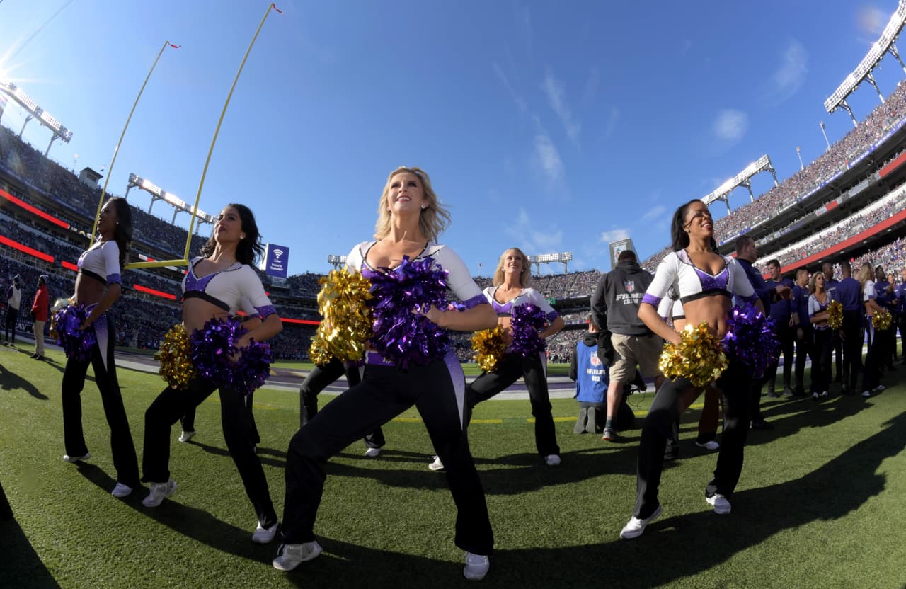 Jan 6, 2019; Baltimore, MD, USA; Baltimore Ravens cheerleader performs against the Los Angeles Chargers during an AFC Wild Card playoff football game at M&T Bank Stadium. Mandatory Credit: Kirby Lee-USA TODAY Sports