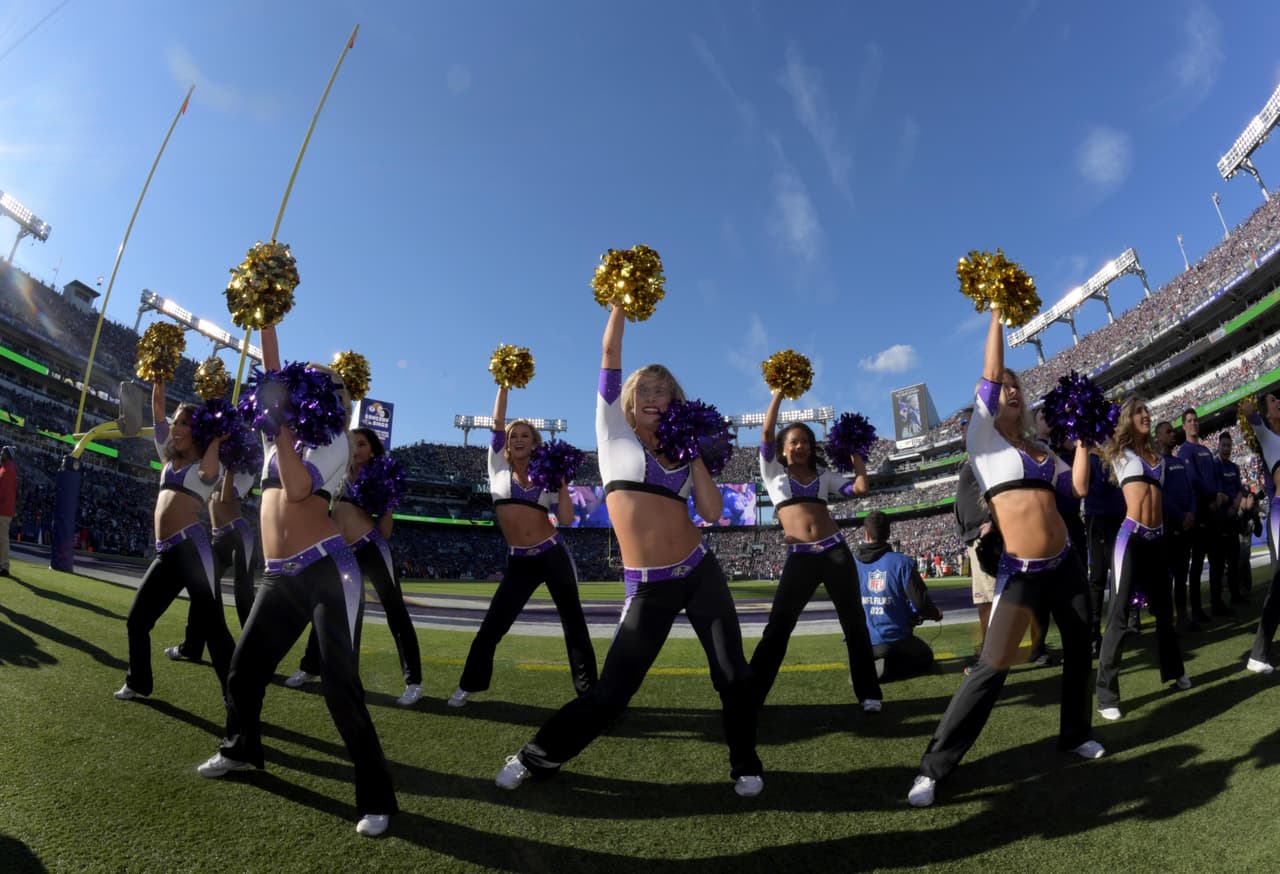 Jan 6, 2019; Baltimore, MD, USA; Baltimore Ravens cheerleader performs against the Los Angeles Chargers during an AFC Wild Card playoff football game at M&T Bank Stadium. Mandatory Credit: Kirby Lee-USA TODAY Sports