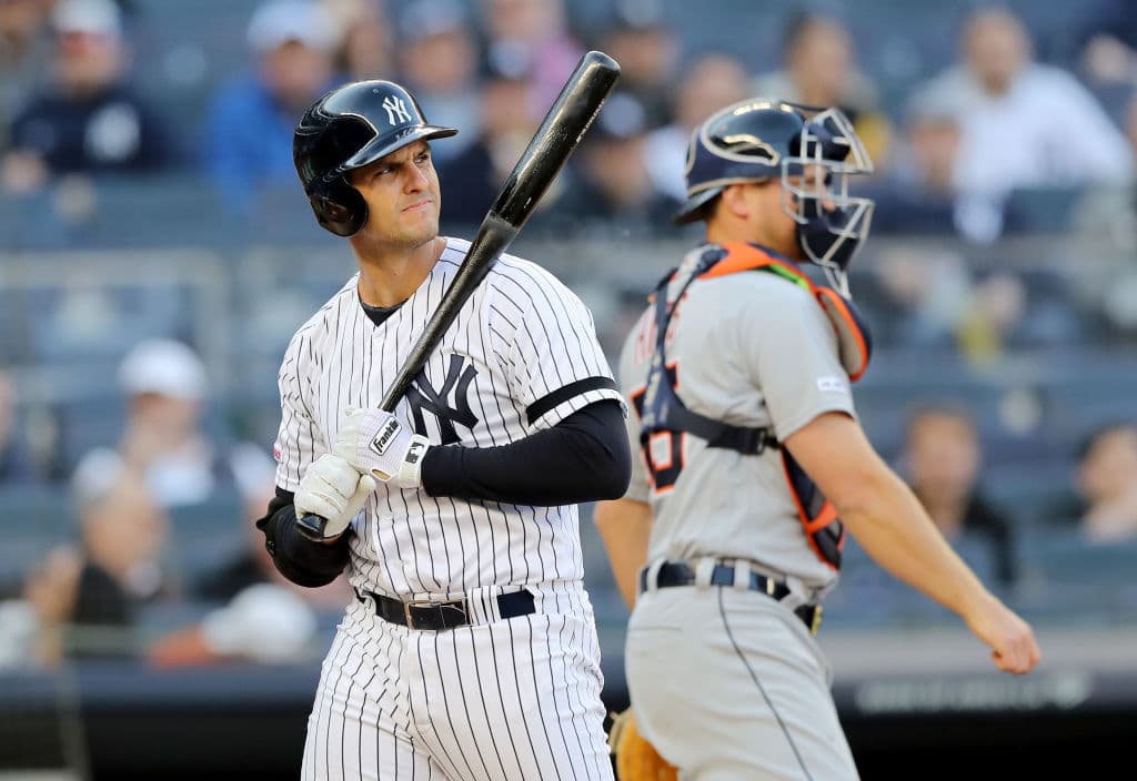 Aquí aparece Greg Bird de los Yankees reaccionando a lo que fue su segundo ponche del día, una jornada aciaga para al poderoso orden al bat de los Bombarderos del Bronx.