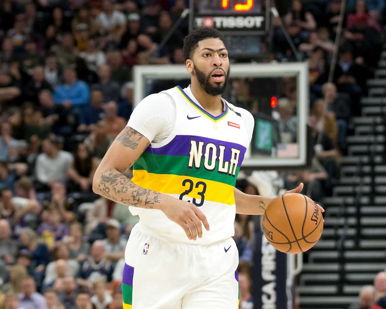 Mar 4, 2019; Salt Lake City, UT, USA; New Orleans Pelicans forward Anthony Davis (23) dribbles the ball during the first half against the Utah Jazz at Vivint Smart Home Arena. Mandatory Credit: Russ Isabella-USA TODAY Sports