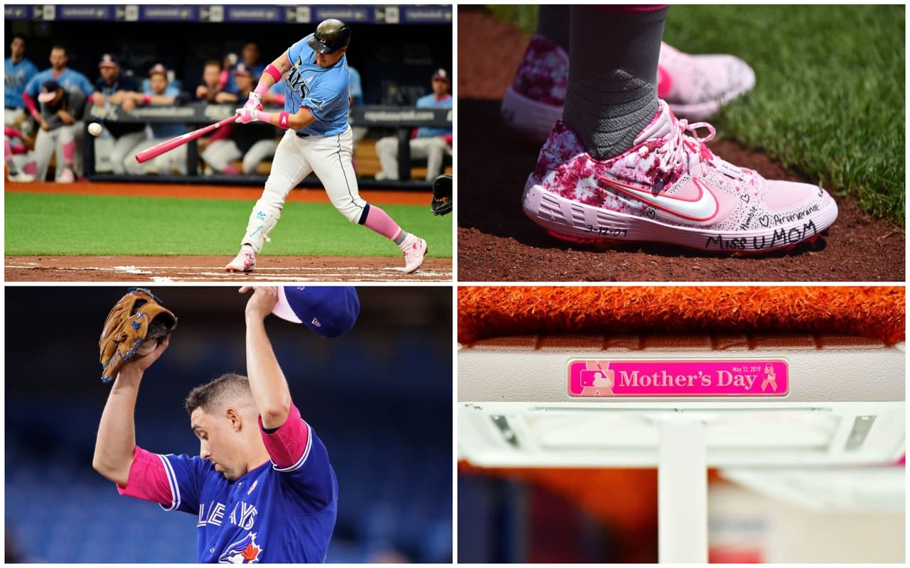 Con mensajes en el rostro, en los zapatos, con guenteletas, muñequeras, guantes, bates y detalles en las bases y otras señales, los peloteros en las Ligas Mayores celebraron el Día de las Madres tiñendo los diamantes de Major League Baseball de rosa.