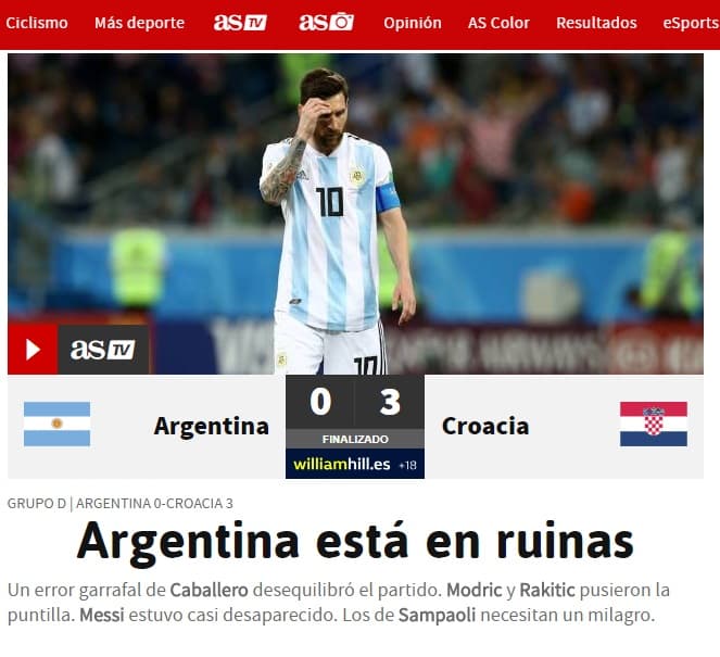 Diario AS (España) recordó el infame yerro del arquero argentino que tiene en la miseria a su selección.