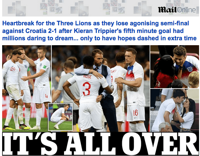 The Daily Mirror advierte que hubo millones de sueños que nacieron con el gol de Trippier pero que esas esperanzas se destruyeron en el tiempo extra. "Es todo".
