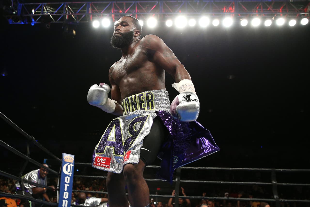 WASHINGTON, DC - APRIL 01: Adrien Broner celebrates after defeating Ashley Theophane (not pictured) by TKO in ninth round in their super lightweight championship bout at the DC Armory on April 1, 2016 in Washington, DC. (Photo by Patrick Smith/Getty Images)