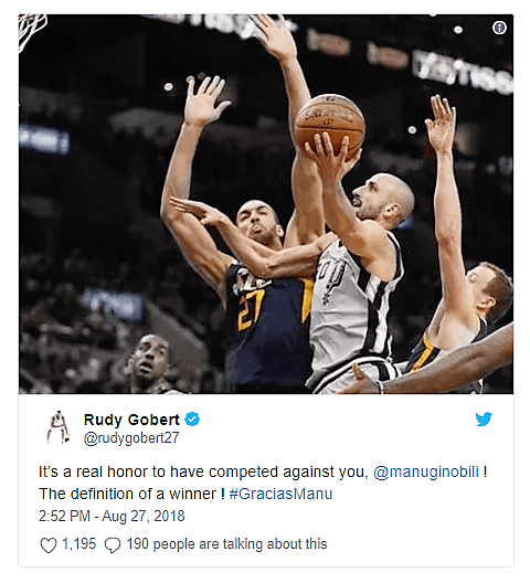 El poste francés del Jazz de Utah Rudy Gobert le dijo a Manu que ha sido un honor competir contra él, y que es la definición de un ganador.