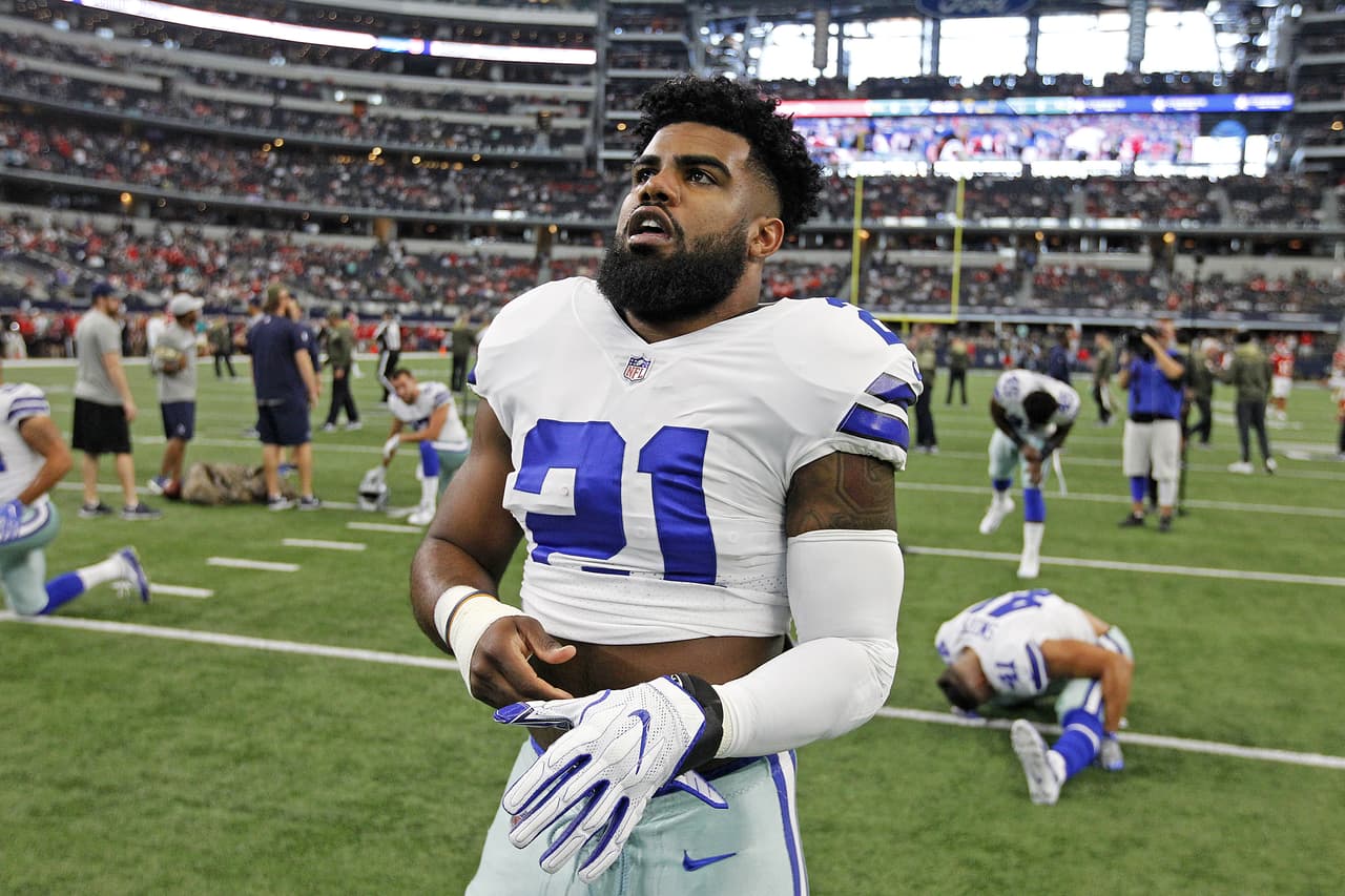 Dallas Cowboys running back Ezekiel Elliott (21) pulls on his gloves before a 2017 NFL week 9 regular season game against the Kansas City Chiefs, Sunday, Nov. 5, 2017 in Arlington, Texas. The Cowboys defeated the Chiefs, 28-17. (James D. Smith via AP)