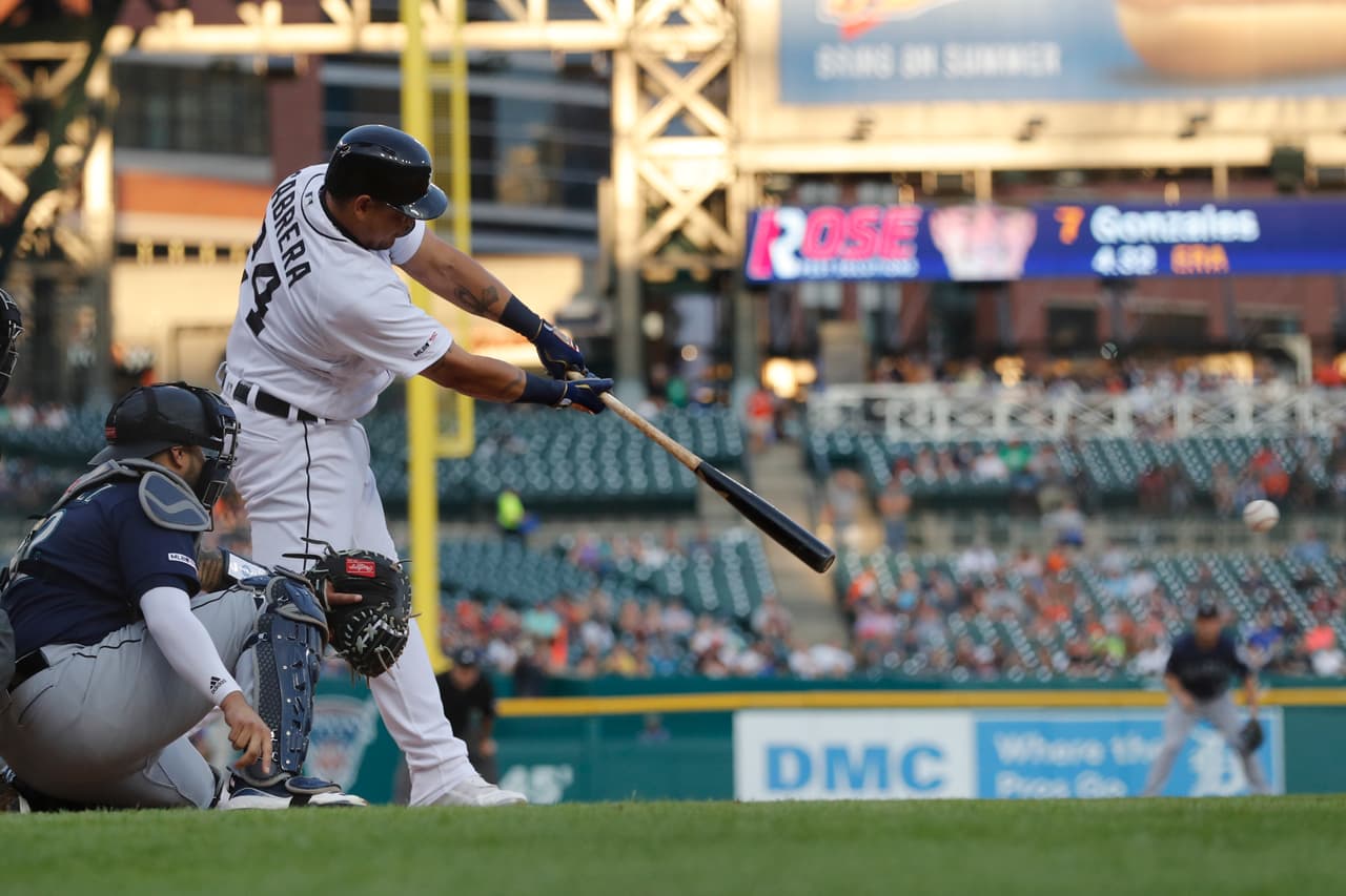 Detroit Tigers designated hitter Miguel Cabrera connects for a double during the fifth inning of a baseball game, Wednesday, Aug. 14, 2019, in Detroit. With the double, Cabrera is tied for first with 574 career doubles by a Venezuelan-born player in MLB history with with Bobby Abreu. (AP Photo/Carlos Osorio)