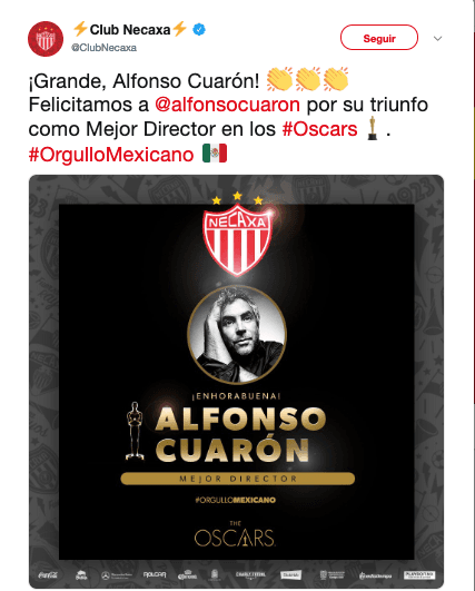 Clubes de la Liga MX, la Selección Mexicana, la Liga Mexicana de Béisbol y hasta el club Roma de Italia enviaron sus felicitaciones al filme Roma y a Alfonso Cuarón por su éxito en los Premios Oscar en 2019.
