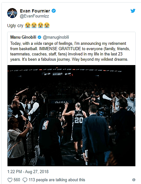 El francés del Orlando Magic Evan Fournier parece ser que le conmovió hasta las lágrimas el adiós de Ginóbili.