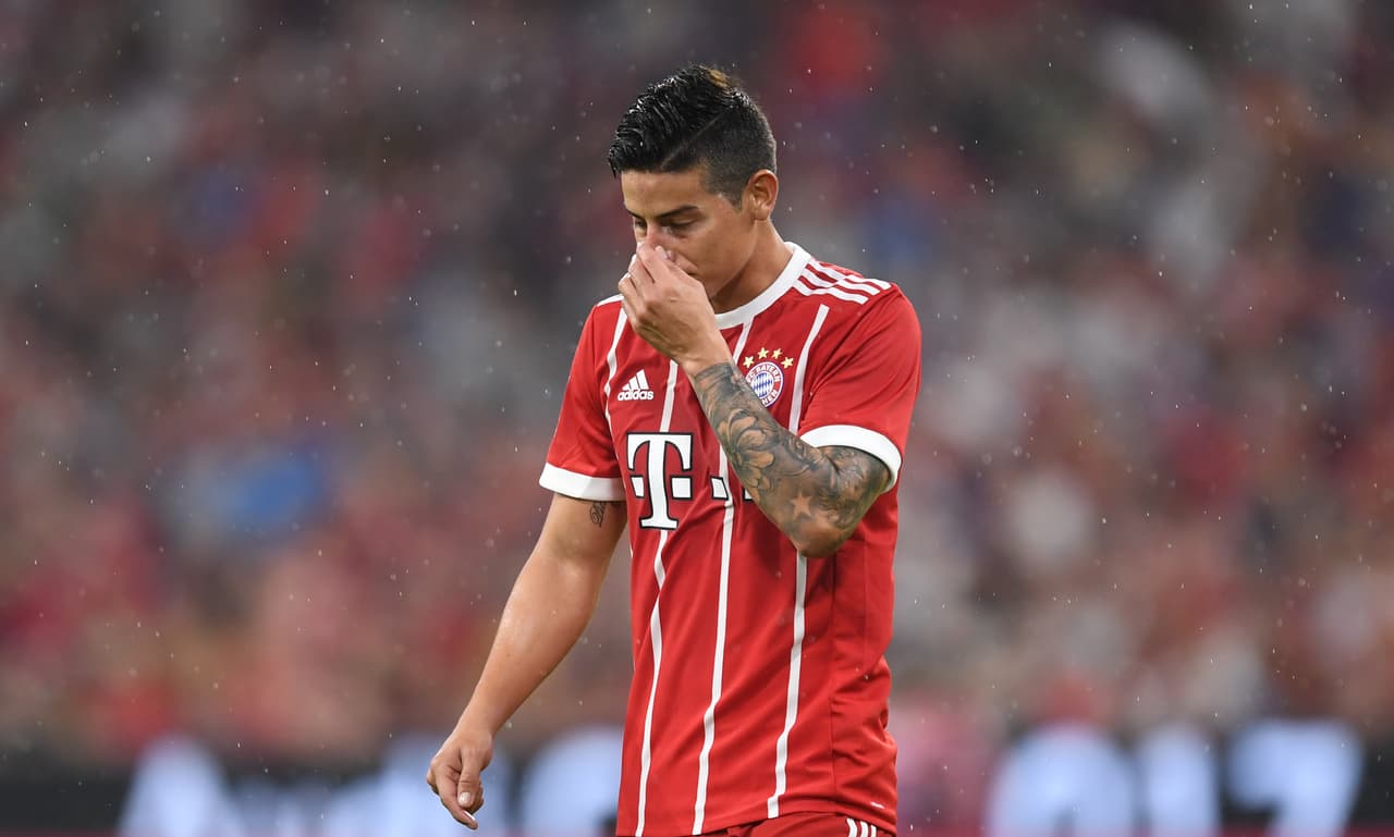 Bayern Munich's Colombian James Rodriguez reacts during the break of the second Audi Cup football match between FC Bayern Munich and FC Liverpool in the stadium in Munich, southern Germany, on August 1, 2017. / AFP PHOTO / Christof STACHE (Photo credit should read CHRISTOF STACHE/AFP/Getty Images)