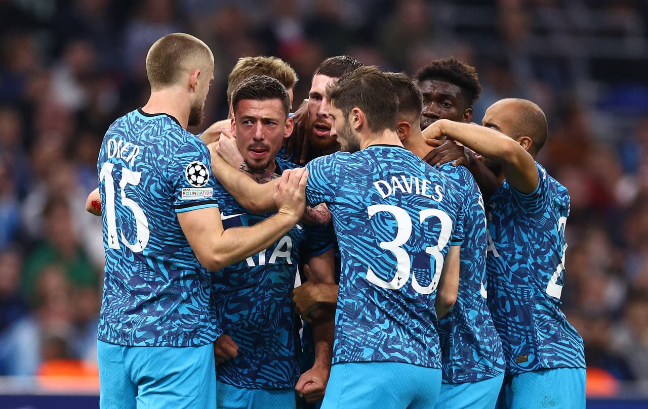 MARSEILLE, FRANCE - NOVEMBER 01: Clement Lenglet of Tottenham Hotspur celebrates with teammates after scoring their team's first goal during the UEFA Champions League group D match between Olympique Marseille and Tottenham Hotspur at Orange Velodrome on November 01, 2022 in Marseille, France. (Photo by Clive Rose/Getty Images)