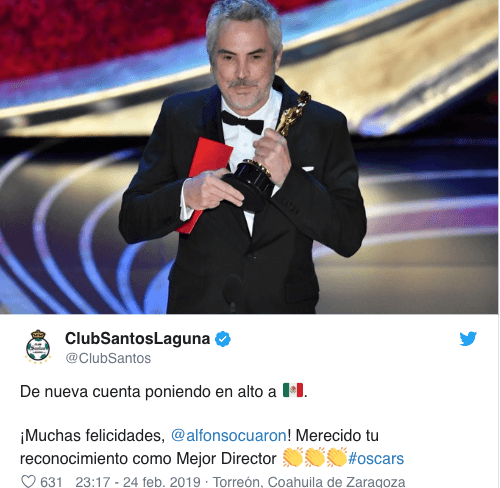 Clubes de la Liga MX, la Selección Mexicana, la Liga Mexicana de Béisbol y hasta el club Roma de Italia enviaron sus felicitaciones al filme Roma y a Alfonso Cuarón por su éxito en los Premios Oscar en 2019.
