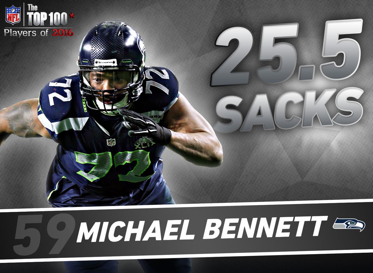 59. Michael Bennett - DE, Seattle Seahawks.- Este jugador entró a la NFL como novato no reclutado en el Draft y jugó sus primeros cuatro años con los Buccaneers. En ese lapso, sumó solo 15 capturas y 30 golpes de quarterbacks. Luego en 2013, Bennett se fue a Seattle y todo cambió. Desde que se unió a los Seahawks, Bennett ha registrado 25.5 capturas y 75 golpes a quarterbacks rivales.