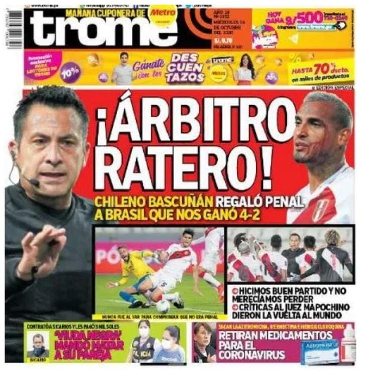 Las reacciones de la prensa peruana tras caer ante Brasil | El polémico trabajo del árbitro chileno Bascuñán ‘encendió’ los titulares referentes a las eliminatorias de la Conmebol.