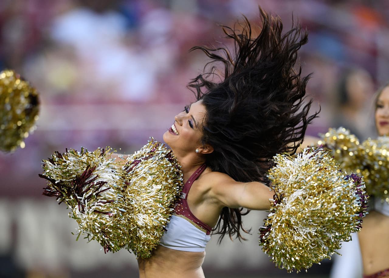 The Washington Redskins cheerleaders perform before a preseason NFL football game between the Washington Redskins and the New York Jets, Thursday, Aug. 16, 2018, in Landover, Md. (AP Photo/Nick Wass)