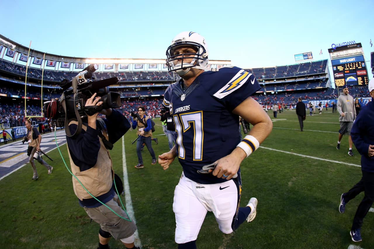 SAN DIEGO, CA - JANUARY 01: Philip Rivers #17 of the San Diego Chargers runs off the field after losing to the Kansas City Chiefs 37-27 in a game at Qualcomm Stadium on January 1, 2017 in San Diego, California. (Photo by Sean M. Haffey/Getty Images)