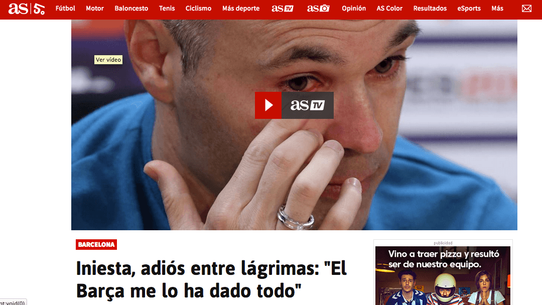 El diario As mostró la emoción de Andrés Iniesta en medio de su despedida y destacó el agradecimiento del crack con su club.