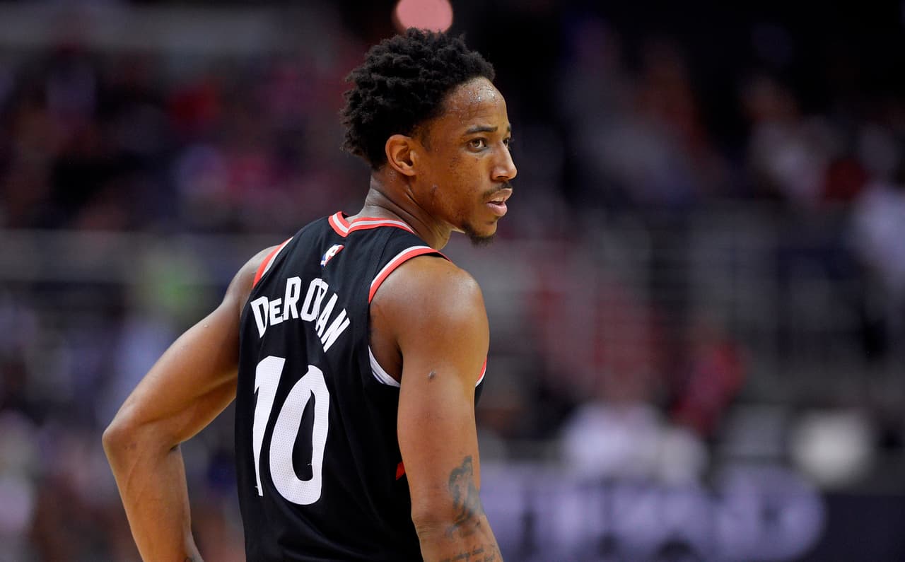Toronto Raptors guard DeMar DeRozan (10) looks on during the second half of Game 4 of an NBA basketball first-round playoff series against the Washington Wizards, Sunday, April 22, 2018, in Washington. The Wizards won 106-98. (AP Photo/Nick Wass)