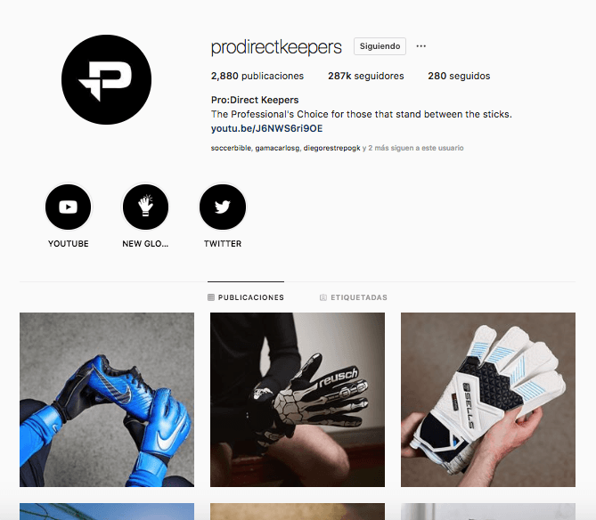 2. Pro Direct Soccer Keepers (@prodirectkeepers) - dentro de la familia Pro Direct Soccer, esta cuenta es especial ya que comparte todas las novedades sobre todos los implementos para porteros. Además, si uno quiere, puede adquirirlos con ellos.