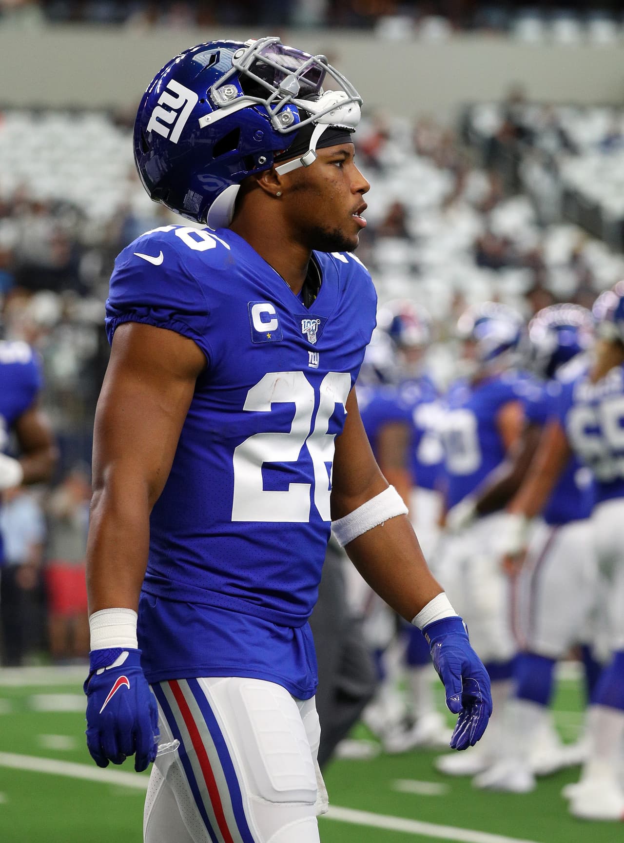 El corredor de los Giants, Saquon Barkley #26 estaba listo para el encuentro.