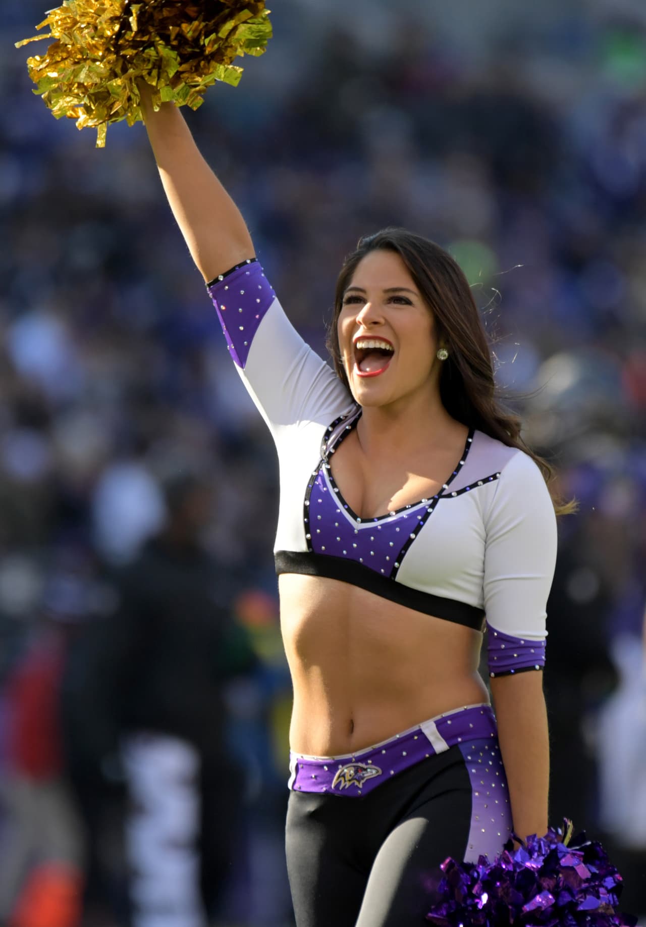 Jan 6, 2019; Baltimore, MD, USA; Baltimore Ravens cheerleader performs against the Los Angeles Chargers during an AFC Wild Card playoff football game at M&T Bank Stadium. Mandatory Credit: Kirby Lee-USA TODAY Sports
